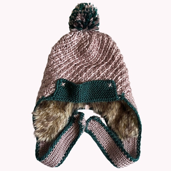 Pistil Knit Pink Green Earflap Hat Fur Lined Women's OS Vintage cabin - Picture 1 of 6